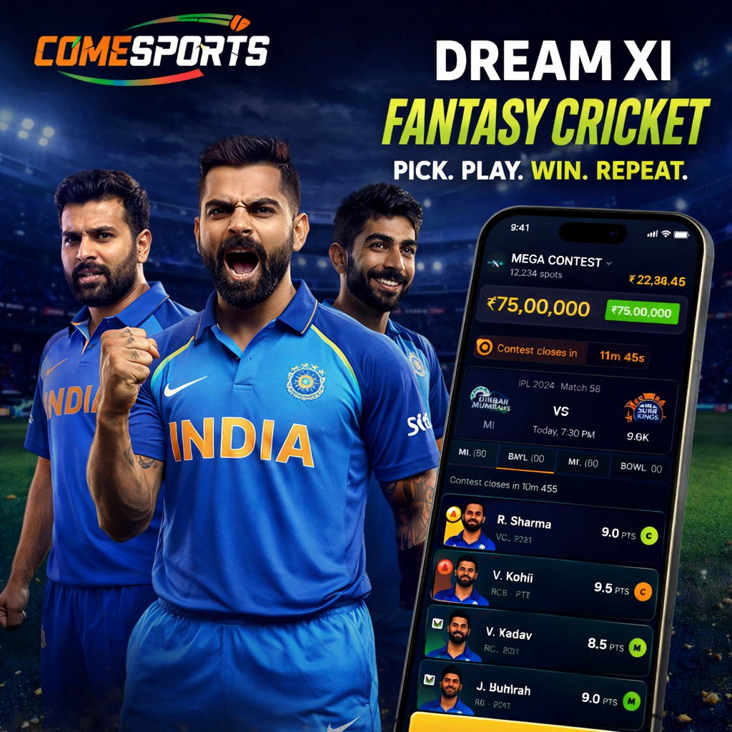 Come Play Link fantasy cricket and India team visual